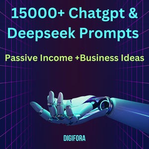 Könnte beinhalten: Eine blaue Roboterhand mit leuchtend blauen Lichtern streckt sich vor einem violetten und rosafarbenen Gitterhintergrund aus. Der Text "15000+ Chatgpt & Deepseek Prompts Passive Income + Business Ideas" wird über der Hand angezeigt. Der Text "DIGIFORA" wird unter der Hand angezeigt.