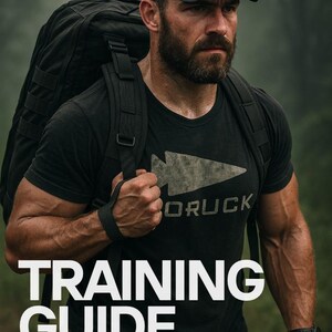 May include: A man wearing a black t-shirt with the word "GORUCK" printed on it, a black baseball cap with an American flag patch, and black tactical gloves. He is carrying a black backpack and walking through a forest. The text "TRAINING GUIDE BUNDLE" is superimposed on the image.