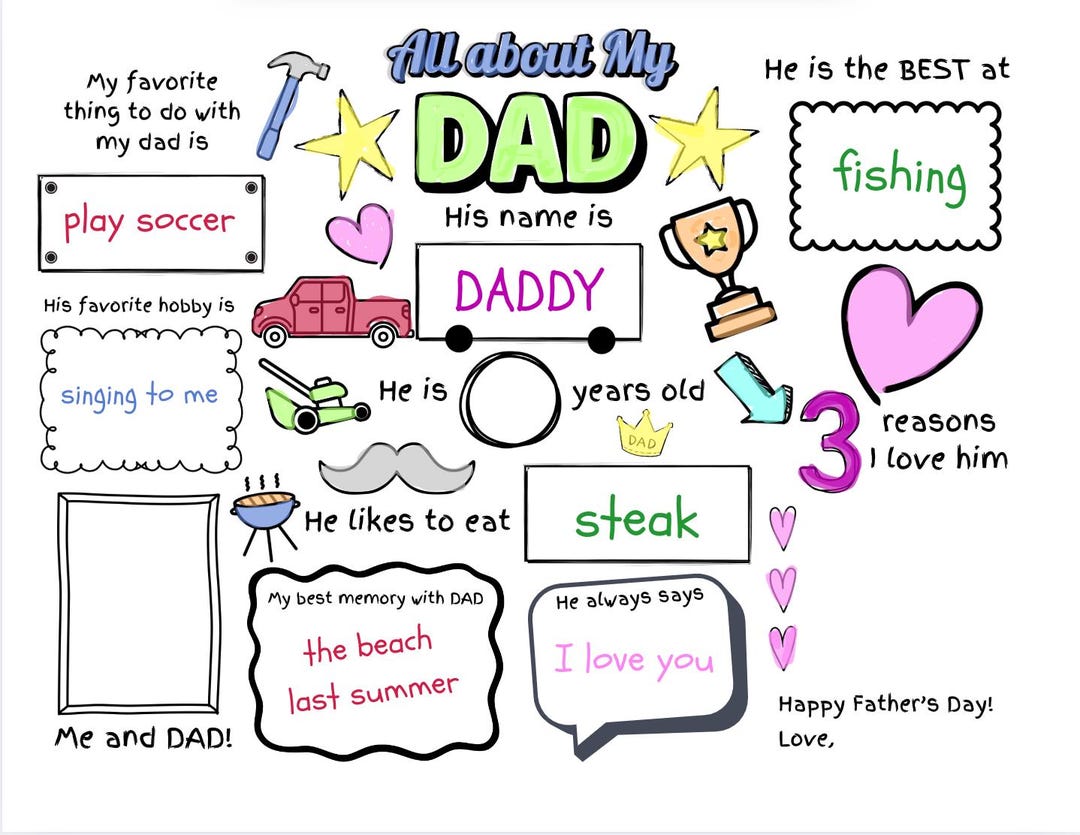 All About My Dad Printable Fathers Day Questionnaire Dad Gift From Kids ...