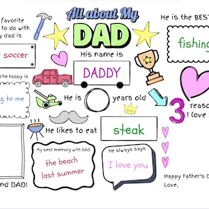 Questionnaire imprimable pour la fête des pères, tout sur mon père, cadeau pour papa des enfants, activité de carte à colorier bricolage pour la fête des pères, feuille de calcul vierge à remplir