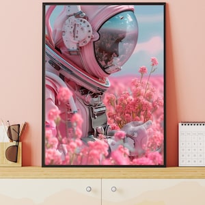 Pink Astronaut Wall Art, Surreal Space Helmet in Flower Field Digital Poster for Dreamy Room Decor or Sci-Fi Aesthetic, Instant Download