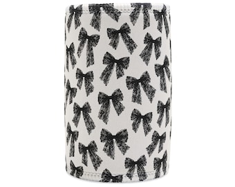 Black Bow Pattern Stubby Cooler | Bow Print Can Koozie, Monochrome Bows