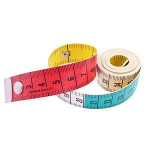 May include: A set of three colorful measuring tapes. One is red with white and black markings, another is yellow, and the third is beige and teal. The red tape reads "GERMAN QUALITY".