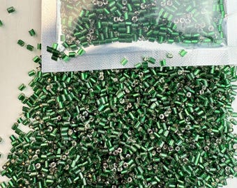 Green Bugle Seed Beads: Silver Lined, 2mm Tube Beads
