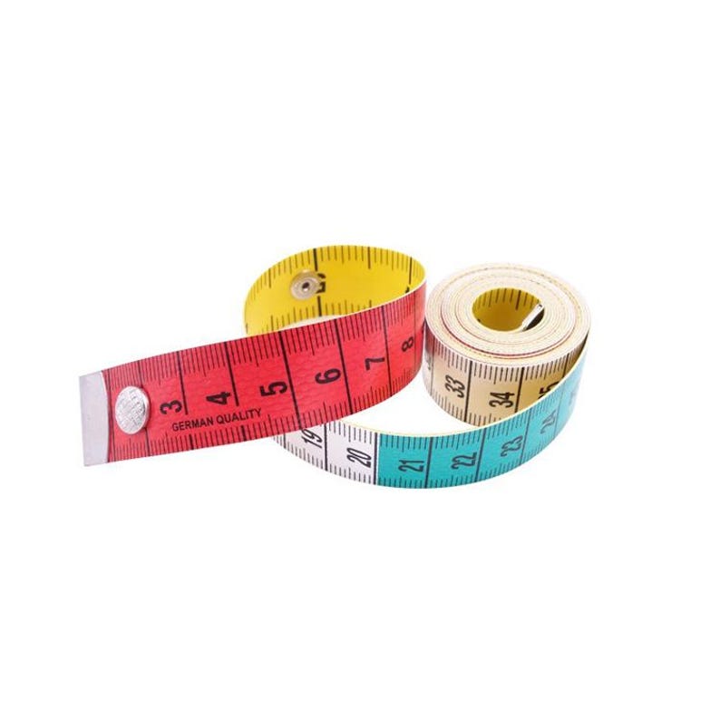 May include: A set of three colorful measuring tapes. One is red with white and black markings, another is yellow, and the third is beige and teal. The red tape reads "GERMAN QUALITY".