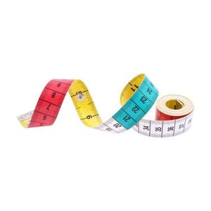 May include: A colorful measuring tape with red, yellow, blue, and white sections. The tape is coiled and unraveled, displaying inch and centimeter markings. Ideal for sewing, crafting, or body measurements.
