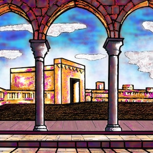 May include: A view through three arched doorways of a brick building with a courtyard. The courtyard has a stone floor and a view of a building with a large doorway in the distance.