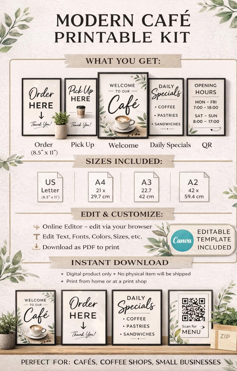 Modern Café Printable Kit, Editable Cafe Signs Template, Order Here ...