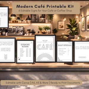 Peut inclure: Vitrine de café avec un "Kit Imprimable Café Moderne" comprenant six panneaux encadrés en noir. Les panneaux indiquent "Ouvert," "Commander ici," "Horaires d'ouverture," "Bienvenue à notre café," "Spécialités du jour," et "Fermé."