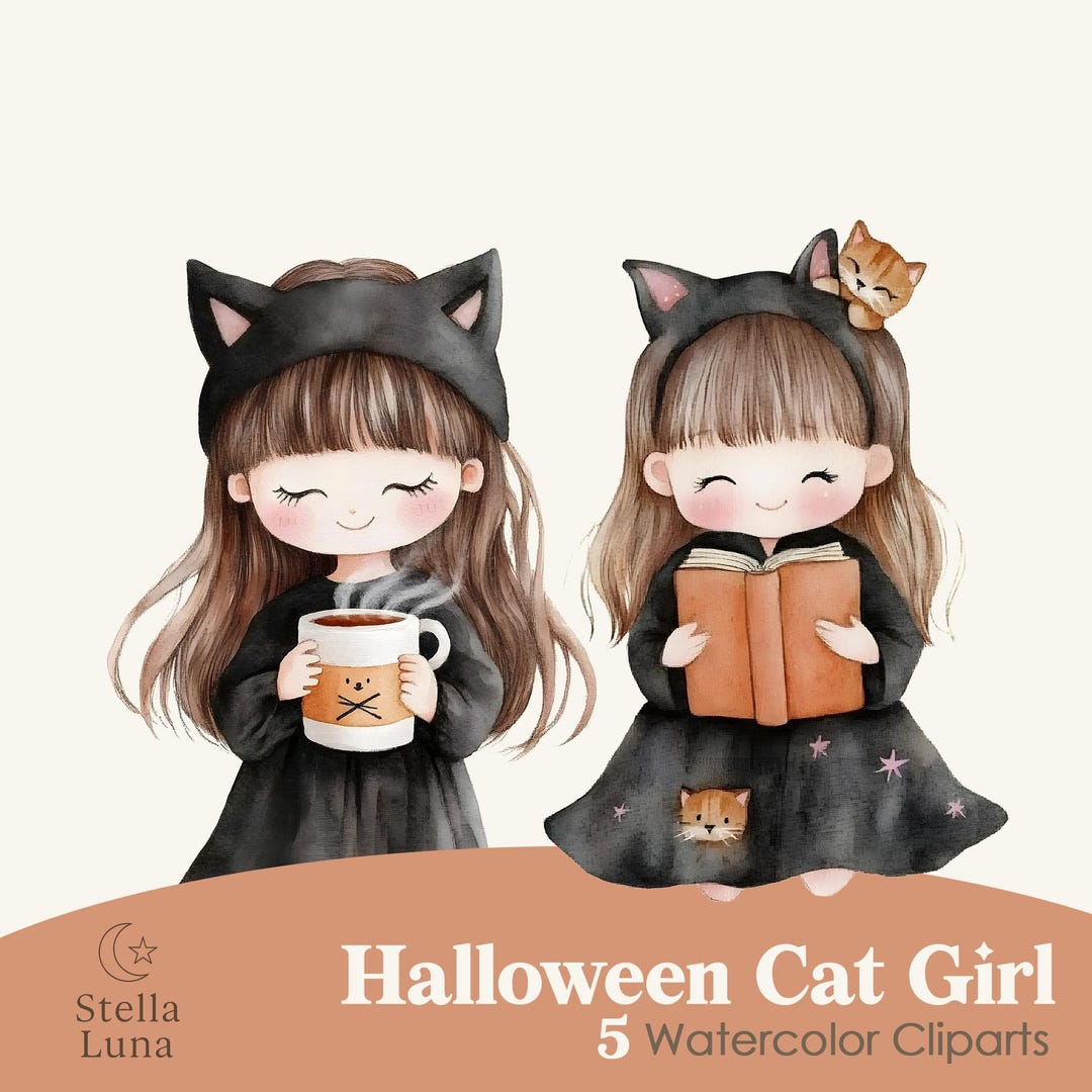 Halloween Cat Girl Clipart – Cute Clipart of Little Girls Dressed as ...