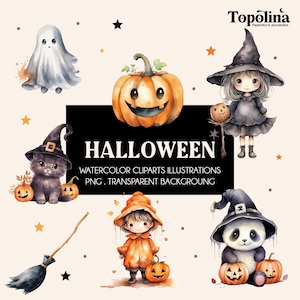 Peut inclure: Une collection numérique d'illustrations aquarelles d'Halloween comprenant un fantôme, une citrouille, une sorcière, un chat noir, un balai, un enfant en costume orange et un panda, avec le texte HALLOWEEN WATERCOLOR CLIPARTS ILLUSTRATIONS PNG . TRANSPARENT BACKGROUNG.