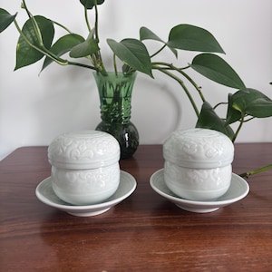 May include: Two white ceramic lidded jars with floral relief patterns sit on matching saucers. The jars are on a dark wooden surface, with a green glass vase and leafy plant in the background.