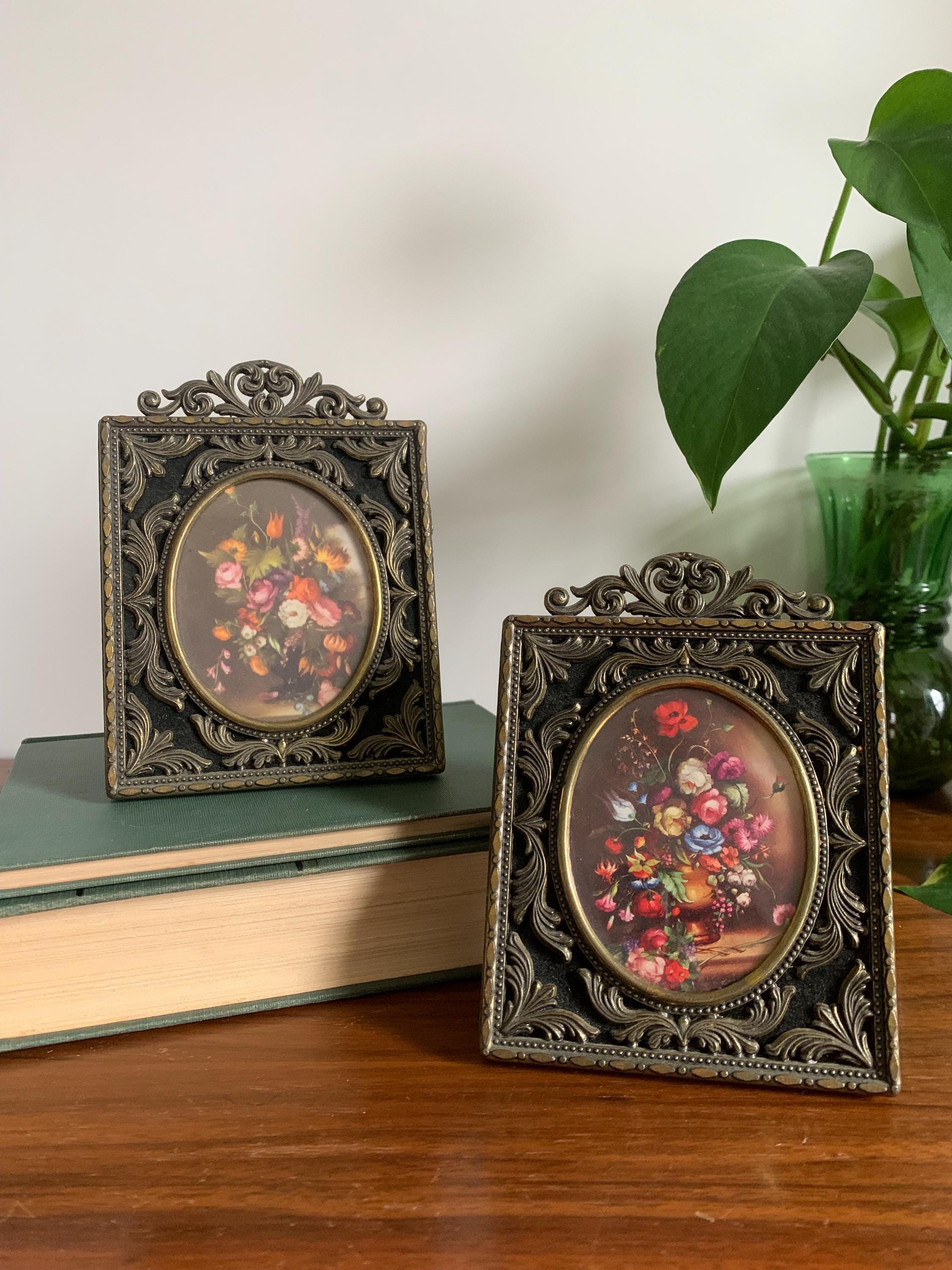 Vintage Floral Prints in Ornate Brass Italian Frames (set of 2)