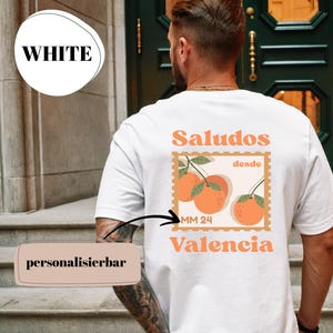 Koszulka Valencia Retro Pocztówka Saludos desde Spain Spersonalizowana Letnia Koszulka z Pomarańczowym Wzorem Prezent Świąteczny dla niego i dla niej