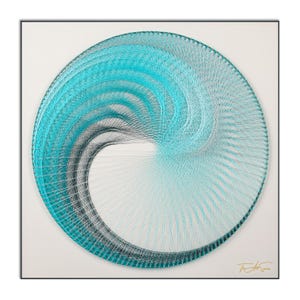 May include: A framed wall art piece featuring a circular design made of turquoise, teal, and black threads. The threads are intricately woven to create a swirling pattern against a white background. The artwork is signed in gold.