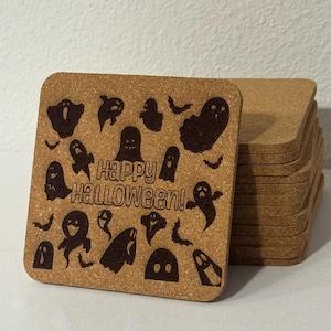 Happy Halloween Ghost Coaster – Square Cork Drink Coaster for Spooky Decor, Fall Gifts, Halloween Parties & Witchy Table Settings