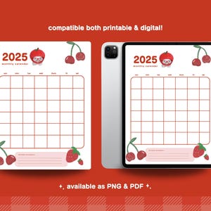 May include: Printable and digital 2025 monthly calendar featuring a red cherry illustration. The calendar has a grid layout with days of the week labeled. The text "2025 monthly calendar" is at the top of the calendar.
