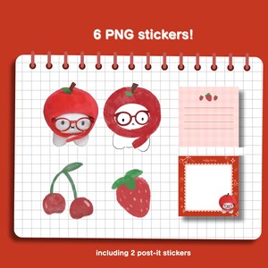 May include: Six red and white PNG stickers featuring a cartoon character wearing a red apple hat and glasses, a cherry, a strawberry, and two post-it notes with red and white checkered borders. The text "6 PNG stickers!" and "Including 2 post-it stickers" is also included.