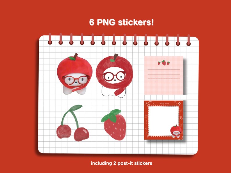 May include: Six red and white PNG stickers featuring a cartoon character wearing a red apple hat and glasses, a cherry, a strawberry, and two post-it notes with red and white checkered borders. The text "6 PNG stickers!" and "Including 2 post-it stickers" is also included.