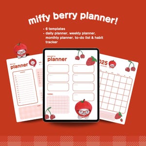 May include: A set of printable planner pages featuring a cute cartoon character with a strawberry design. The pages include a daily planner, weekly planner, monthly planner, to-do list, and habit tracker.