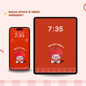 May include: A red phone and tablet screen with a white clock displaying 7:35. The background is red with a white checkered pattern. The screen also features a cartoon character wearing a red apple hat and glasses with the text "eat your fruits!"