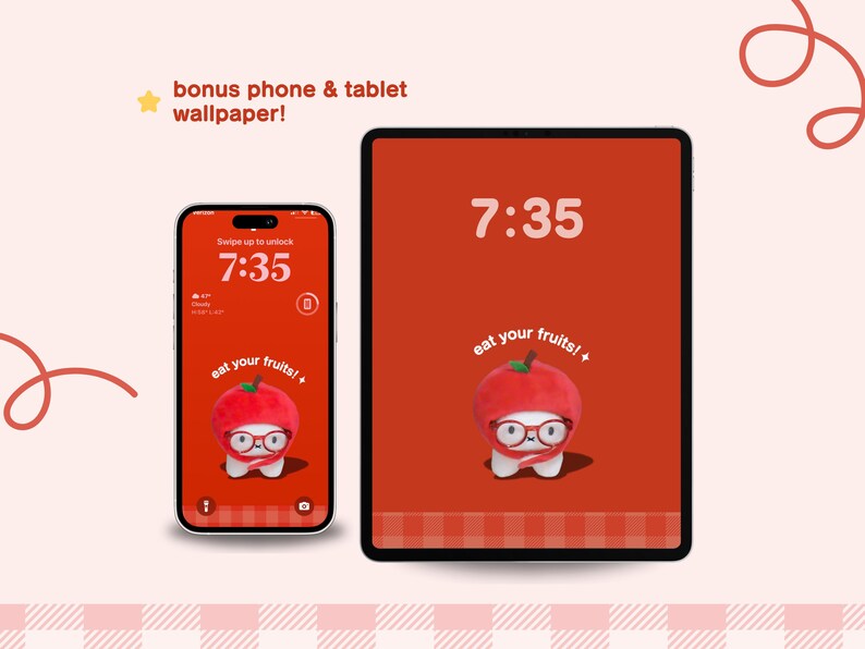 May include: A red phone and tablet screen with a white clock displaying 7:35. The background is red with a white checkered pattern. The screen also features a cartoon character wearing a red apple hat and glasses with the text "eat your fruits!"