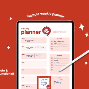 May include: A weekly planner with a red apple illustration. The planner has sections for daily tasks, goals, and a to-do list. The text "weekly planner" is at the top of the page. The date is written as "date: 03.21.2023".