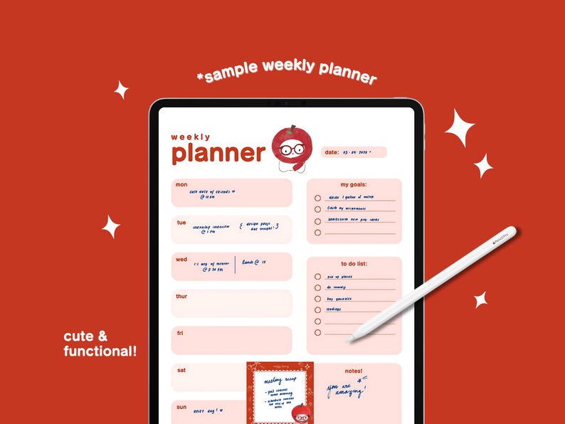 May include: A weekly planner with a red apple illustration. The planner has sections for daily tasks, goals, and a to-do list. The text "weekly planner" is at the top of the page. The date is written as "date: 03.21.2023".