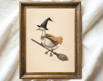 Witch Goose Flying Broomstick Halloween Print, Vintage Animal Illustration Poster (Digital Download)