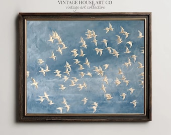 Coastal Flock of Birds Print, Dusty Blue Sky Artwork (Digital Download)