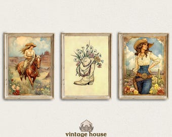 Vintage Western Cowgirl Wall Art Bundle (Digital Download) – Retro Rodeo Desert Prints