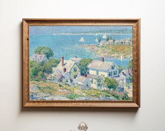 Coastal Cottage Print, Impressionist Seaside Village Art, Blue Beach House Decor, Digital Download
