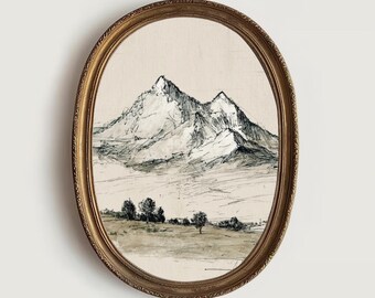 Vintage berglandschap muurdecoratie print, neutrale landschapsschets print, antieke natuurtekening digitale download