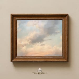 A single framed coastal printable featuring a small harbor painting with sailboats resting on reflective water at sunset. The center artwork is bordered by a decorative stamp-edge style mat and surrounded by pale blue and white vertical stripes, giving it a tailored nautical look. Soft sky blues, warm peach-gold highlights, and calm water reflections create a serene coastal grandmother feel with vintage-inspired charm suited to a printable gallery wall collection.