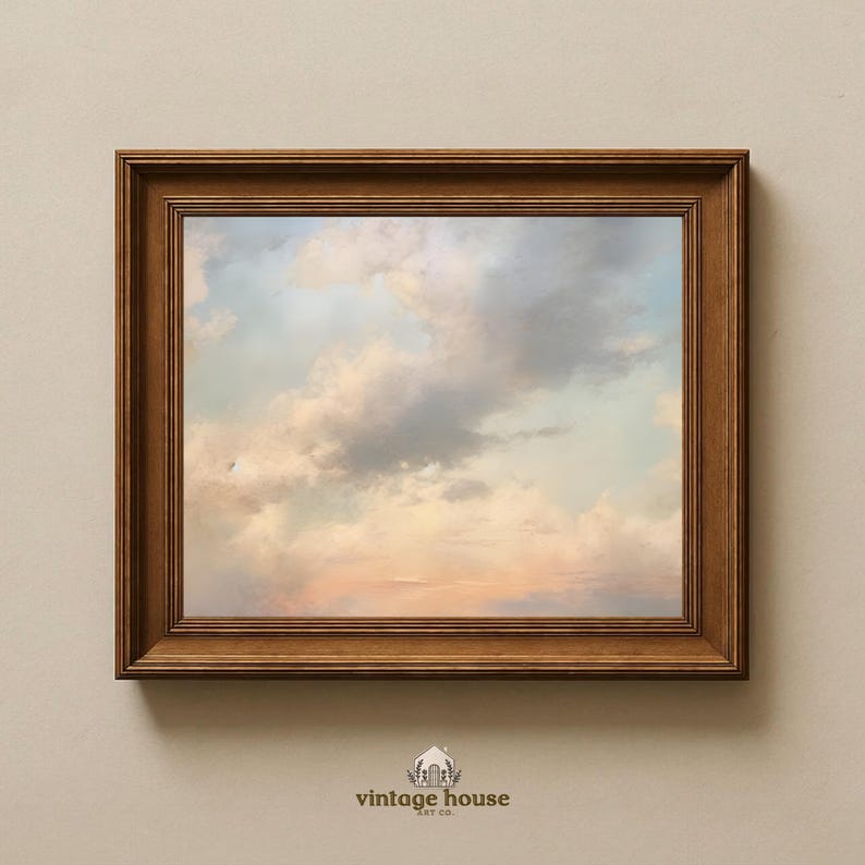 A single framed coastal printable featuring a small harbor painting with sailboats resting on reflective water at sunset. The center artwork is bordered by a decorative stamp-edge style mat and surrounded by pale blue and white vertical stripes, giving it a tailored nautical look. Soft sky blues, warm peach-gold highlights, and calm water reflections create a serene coastal grandmother feel with vintage-inspired charm suited to a printable gallery wall collection.