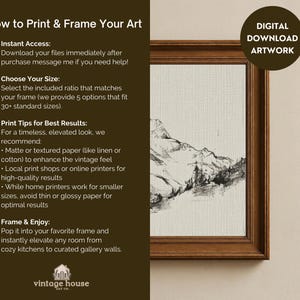 A timeless digital mountain sketch print designed for elegant, nature-inspired interiors. This printable wall art brings a calm, vintage feel to living rooms, bedrooms, offices, and cabin spaces.Vintage printable mountain wall art shown in a dark wood frame, featuring a black and white landscape sketch on a neutral background.Vintage printable mountain wall art shown in a dark wood frame, featuring a black and white landscape sketch on a neutral background.