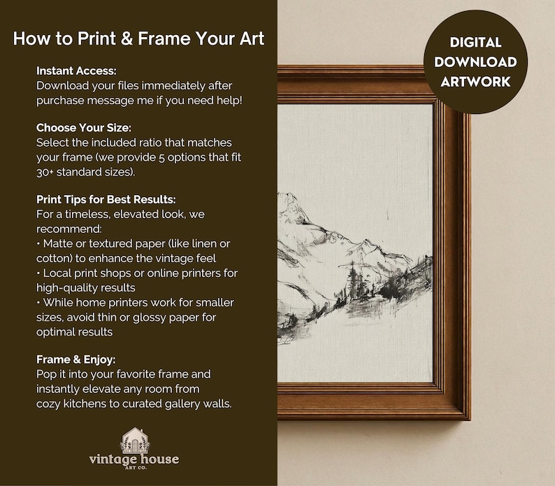 A timeless digital mountain sketch print designed for elegant, nature-inspired interiors. This printable wall art brings a calm, vintage feel to living rooms, bedrooms, offices, and cabin spaces.Vintage printable mountain wall art shown in a dark wood frame, featuring a black and white landscape sketch on a neutral background.Vintage printable mountain wall art shown in a dark wood frame, featuring a black and white landscape sketch on a neutral background.