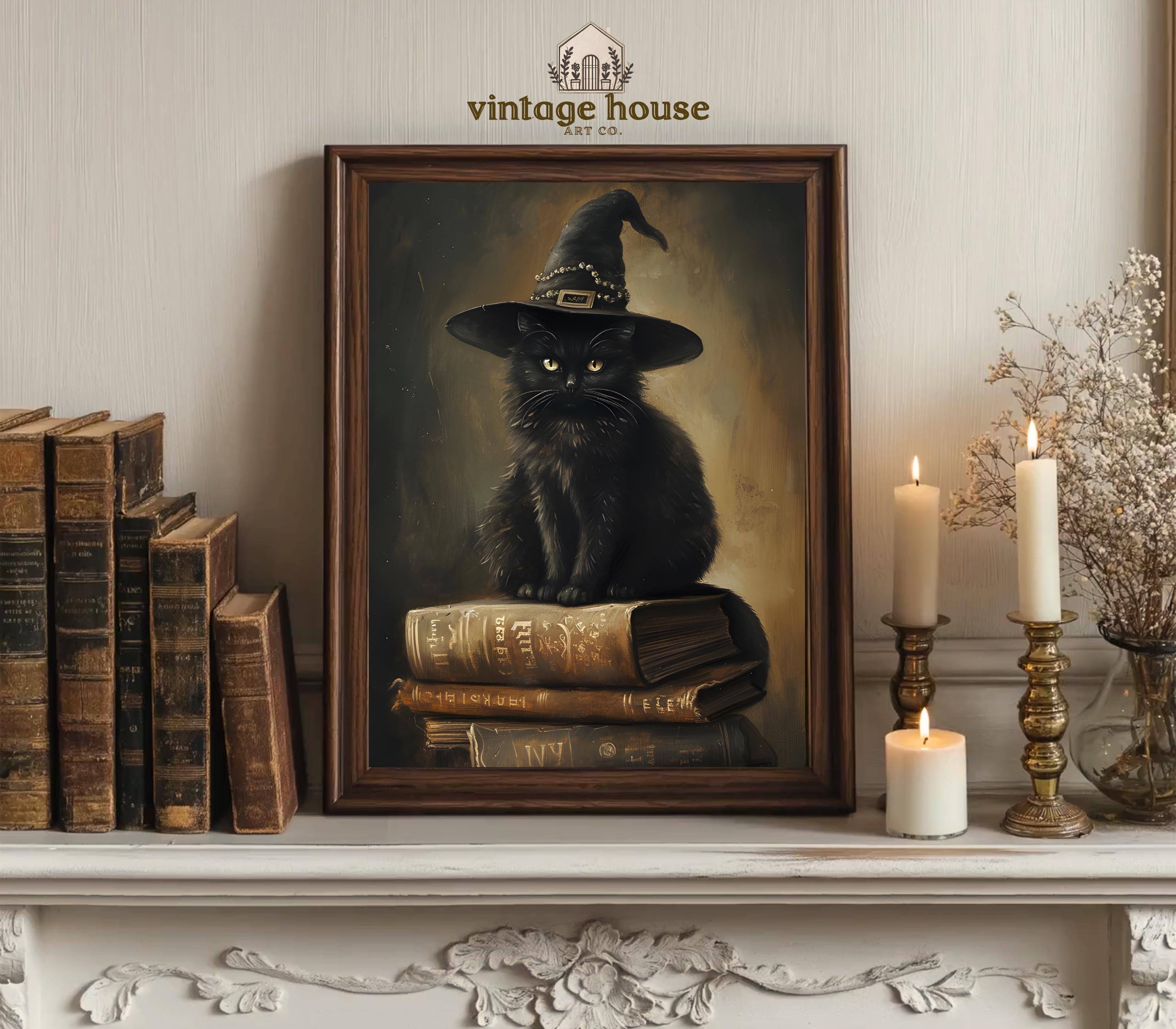 Moody Bookish Black Cat Witch Hat Wall Art | Vintage Gothic Halloween ...