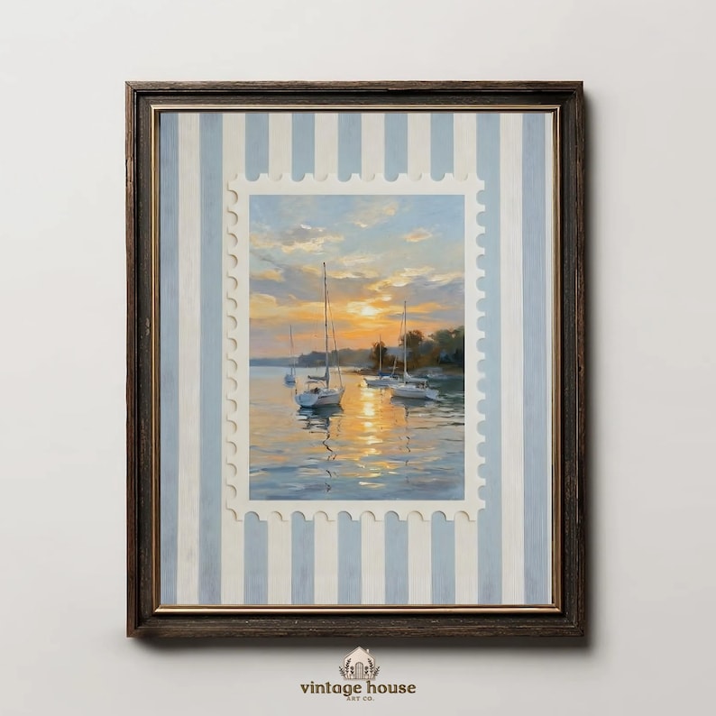 A grouped display of coastal printable wall art with several framed seaside images, including a lighthouse on rocky shore, a sailboat on still water, a sunset harbor scene, a coastal village by the sea, and a text-based nautical design reading Salt Air Adventure. The artwork uses gentle blue, cream, and soft golden tones with watercolor-style detail, creating a classic coastal grandmother mood with elegant nautical imagery and a calm, collected printable bundle look.
