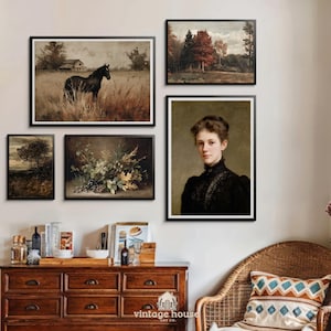 Cover image showing a moody French country cottage wall art bundle with vintage floral paintings, landscapes, portraits, butterflies, moths, and antique-style gallery wall prints.Printable wall art bundle preview featuring dark neutral vintage decor with botanical art, horse portraits, landscape paintings, and elegant old-world cottage styling.Moody vintage print collection arranged as a curated gallery wall with French country floral artwork, natural history prints, and timeless antique home
