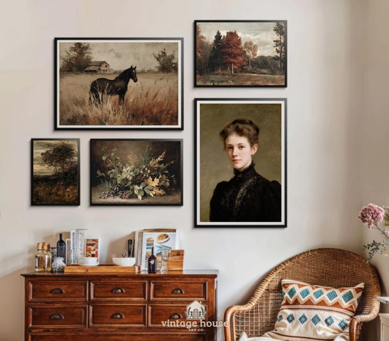 Cover image showing a moody French country cottage wall art bundle with vintage floral paintings, landscapes, portraits, butterflies, moths, and antique-style gallery wall prints.Printable wall art bundle preview featuring dark neutral vintage decor with botanical art, horse portraits, landscape paintings, and elegant old-world cottage styling.Moody vintage print collection arranged as a curated gallery wall with French country floral artwork, natural history prints, and timeless antique home