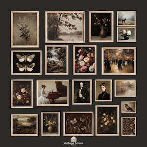 Cover image showing a moody French country cottage wall art bundle with vintage floral paintings, landscapes, portraits, butterflies, moths, and antique-style gallery wall prints.Printable wall art bundle preview featuring dark neutral vintage decor with botanical art, horse portraits, landscape paintings, and elegant old-world cottage styling.Moody vintage print collection arranged as a curated gallery wall with French country floral artwork, natural history prints, and timeless antique home