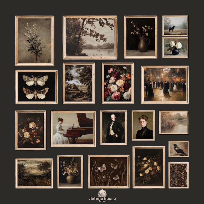 Cover image showing a moody French country cottage wall art bundle with vintage floral paintings, landscapes, portraits, butterflies, moths, and antique-style gallery wall prints.Printable wall art bundle preview featuring dark neutral vintage decor with botanical art, horse portraits, landscape paintings, and elegant old-world cottage styling.Moody vintage print collection arranged as a curated gallery wall with French country floral artwork, natural history prints, and timeless antique home