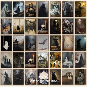 May include: A selection of framed vintage art prints with a gothic and Halloween theme. The prints depict ghosts, skulls, bats, black cats, witches, and haunted houses in a dark, muted colour palette. The art is from Vintage House Art Co.