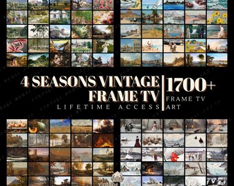 Puede incluir: Un collage de más de 100 pinturas de paisajes vintage, que muestran escenas de la naturaleza durante las cuatro estaciones. Las imágenes están dispuestas en una cuadrícula y están enmarcadas con un borde negro. El texto "4 Seasons Vintage 1700+ Frame TV Frame TV Lifetime Access Art" se muestra en una fuente grande en la parte inferior del collage.