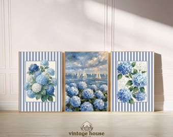 Coastal Hydrangea Sailboat Art Set | Blue Floral Nautical Beach House Prints (Digital Download)
