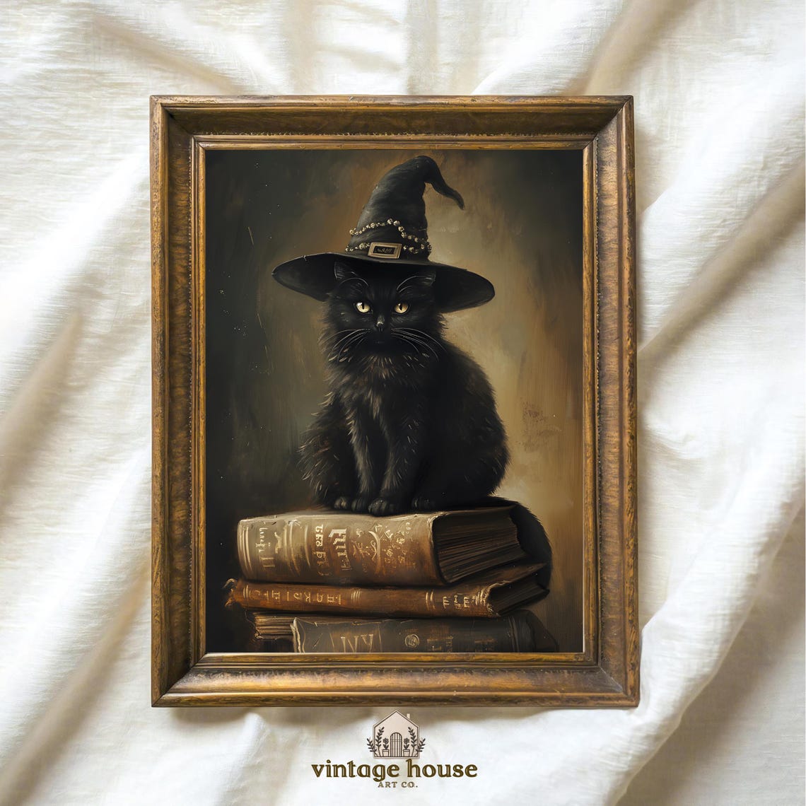 Moody Bookish Black Cat Witch Hat Wall Art | Vintage Gothic Halloween ...