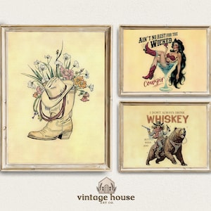 Vintage western cowboy muur wordt afgedrukt cowgirl muur kunst bundel afdrukbare kunst girly retro rodeo decor rustieke land afdrukken wilde westen cowboy print