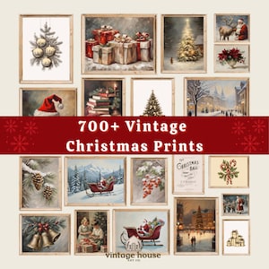 May include: A selection of framed vintage Christmas prints. The prints depict festive scenes such as Christmas trees, Father Christmas, gifts, and winter landscapes. The text "700+ Vintage Christmas Prints" is displayed on a red banner.