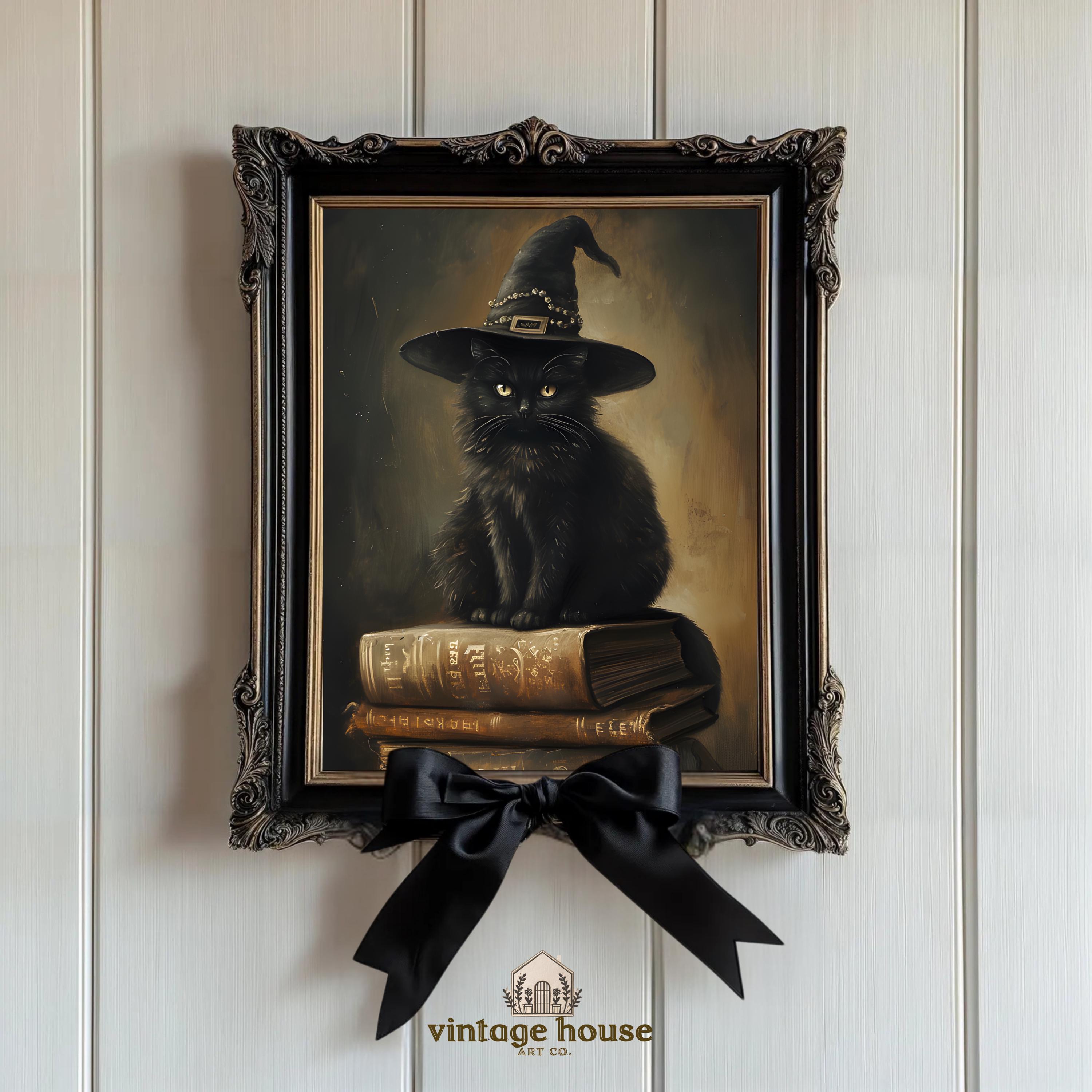 Moody Bookish Black Cat Witch Hat Wall Art | Vintage Gothic Halloween ...